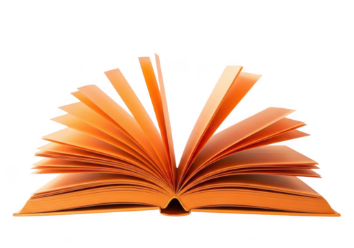An open antique book with bright orange pages dramatically fanned out against a dark backdrop isolated on transparent background