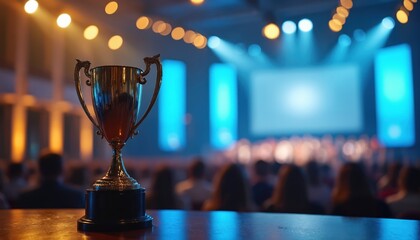 Golden trophy sits on table at awards ceremony. Audience watches stage with bright spotlights and screens. Celebrates achievement, victory, success.