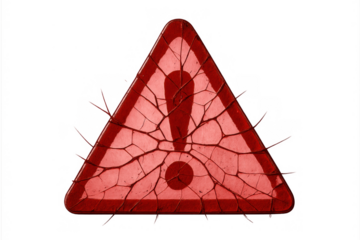 Broken warning sign with cracks indicating danger and system error, transparent background for digital alert