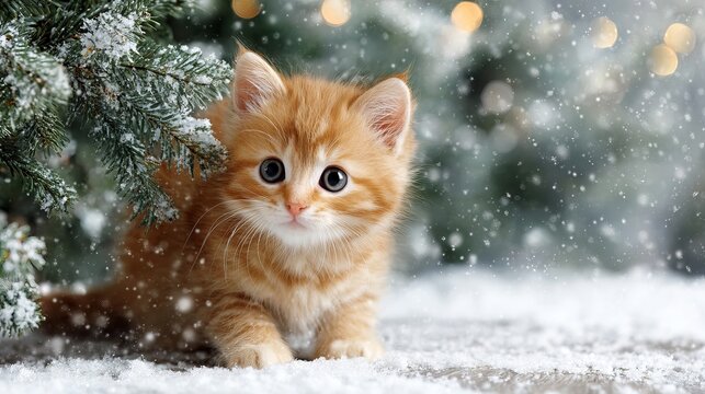 Cute ginger kitten sitting near decorated Christmas tree in cozy festive living room with glowing holiday lights perfect winter pet portrait for greeting cards social media posts and seasonal home