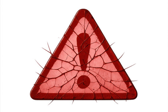 Broken warning sign with cracks indicating danger and system error, transparent background for digital alert