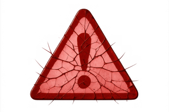 Broken warning sign with cracks indicating danger and system error, transparent background for digital alert
