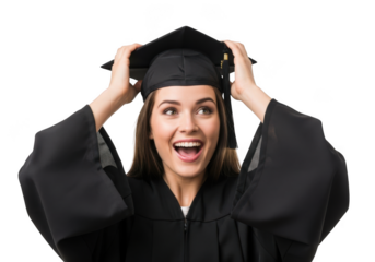 Excited young woman wearing graduation cap and gown expressing joy and surprise isolated on transparent background
