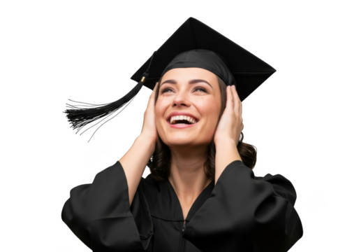 Joyful young woman wearing graduation cap and gown expressing excitement and happiness isolated on transparent background