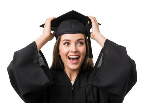 Excited young woman wearing graduation cap and gown expressing joy and surprise isolated on transparent background - Powered by Adobe