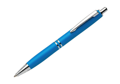 A vibrant blue ballpoint pen with a silver clip and tip showcasing its sleek design isolated on transparent background