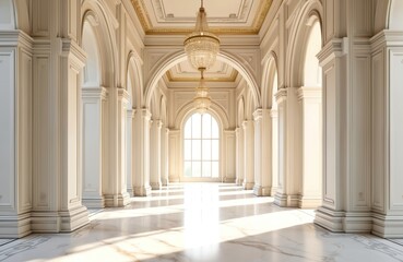 Elegant white hallway with arched colonnades, ornate chandeliers. Sunlight streams through large windows illuminating marble floors. Grand interior architecture with classical design elements.