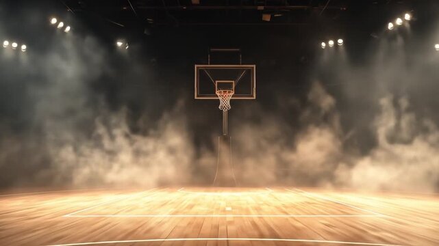 Dramatic Empty Basketball Court with a Hoop, Spotlights, and Smoke Effects Creating an Intense Atmosphere for Sports and Competition