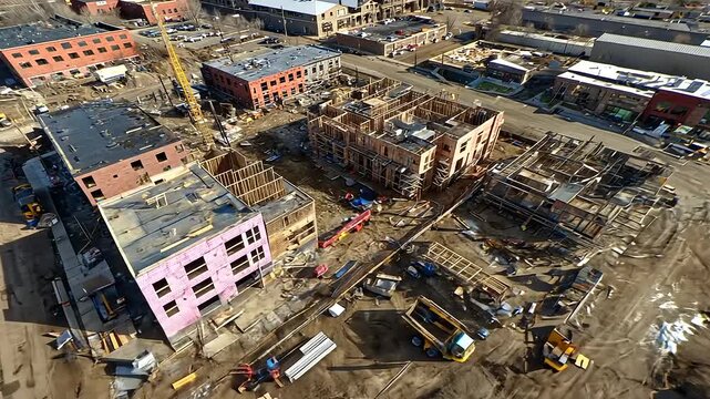 Aerial view of a bustling construction site with multiple buildings under development in a city
