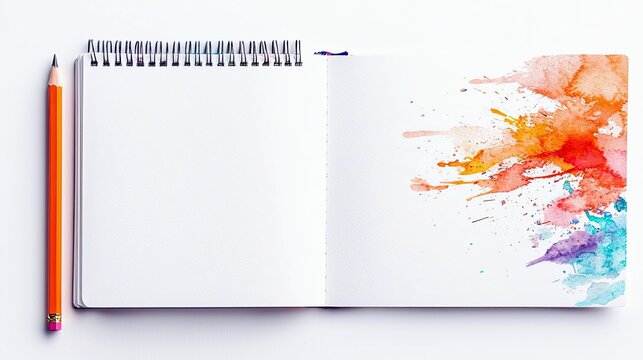 An open spiral notebook with blank pages and an orange pencil, featuring vibrant watercolor splashes on the right page.