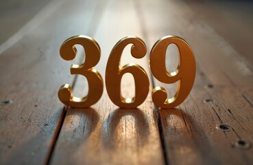Gold numbers 369 sit on a rustic wood surface. These numerals are shiny and have soft shadows. This graphic element signifies order, finance, or data.