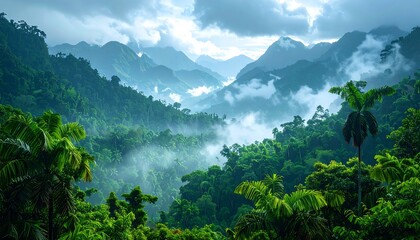Lush, verdant landscape showcasing rolling hills and towering mountains veiled in mist. The dense rainforest thrives with vibrant green foliage under overcast skies
