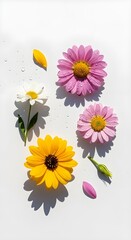Fototapeta premium A bright floral flatlay of colorful daisies and petals on a clean white background with soft shadows and water drops.