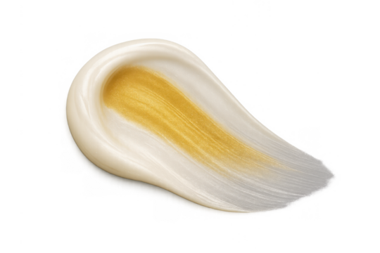 Cosmetic cream swatch showing white and golden cosmetic product texture on transparent background