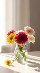 Fototapeta premium Colorful gerbera daisies arranged in a clear vase under warm sunlight, creating a cheerful and bright floral display.