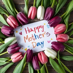 Colorful tulips arranged around happy mothers day card