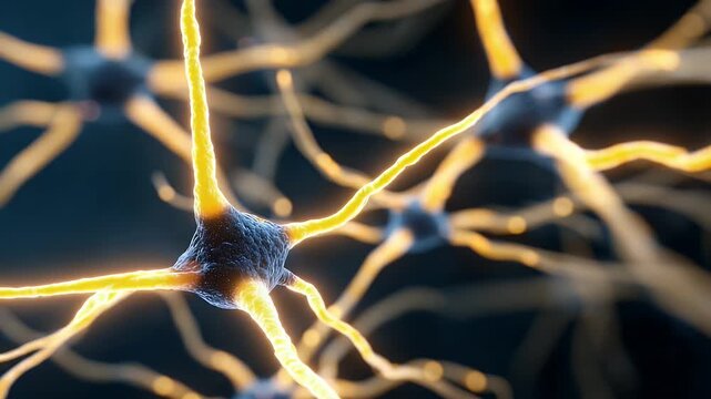 Detailed microscopic view of a blue neuron cell body with glowing yellow electrical impulses traveling along its dendrites and axons in a dark abstract background with bokeh lights