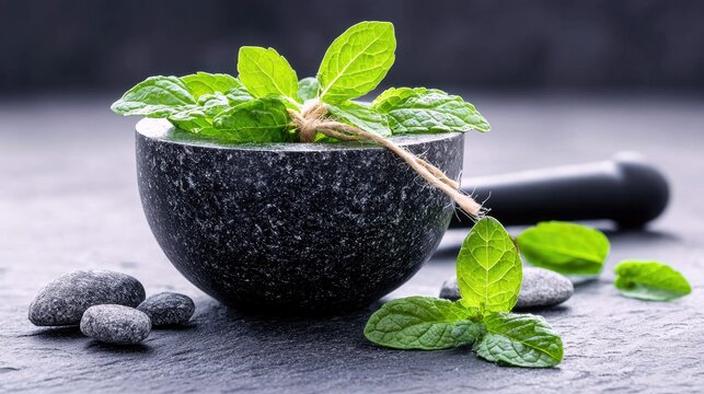 A close-up shot of fresh mint leaves in a granite mortar and pestle, with smooth stones scattered around on a dark surface.