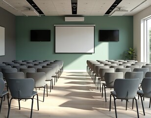 Modern empty conference room with rows of grey chairs and projector screen. Sunlight streams into the spacious hall with minimalist design. Ready for business meeting, lecture or presentation.