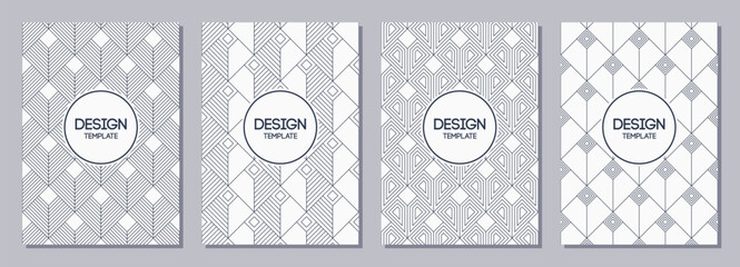 Set of flyer, posters, banners, placards, brochure design templates A6 size with art deco pattern geometric ornaments. Graphic design templates. Geometric rhombuses textures. Vector backgrounds.