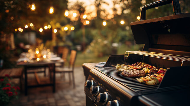 Evening barbecue gathering with grilled meat and outdoor dining setup - Powered by Adobe