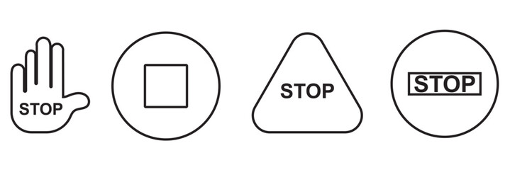 STOP icon. Collection of black warning and prohibition symbols including stop signs. danger, no entry, alert, road, barrier sign. Vector illustration.