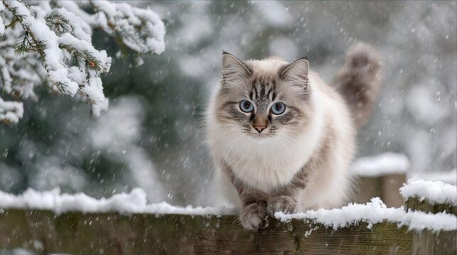 Fluffy ragdoll cat sitting on snowy wooden fence in peaceful winter wonderland with soft falling snowflakes cozy holiday pet portrait for Christmas greeting cards and seasonal decor