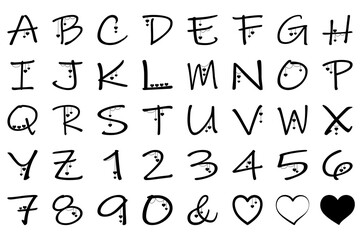 Dangling Hearts Alphabet and Number Set. Sweet Hand Drawn Monogram with Sweetheart Pendants. Cute Charm Font.