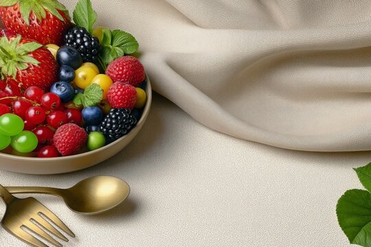 A close-up shot showcases a bowl brimming with a vibrant assortment of fresh berries and grapes, complemented by golden cutlery and a soft, draped fabric.