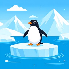 A cartoon penguin on an iceberg surrounded by mountains and water