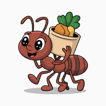 Cute cartoon ant carrying a pot of carrots on its back