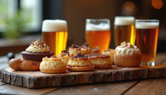 Assorted mini desserts served on rustic wood platter with craft beers. Cakes, pastries, and tarts paired with amber ale and lagers. Perfect for tasting sessions or cozy pub gatherings.
