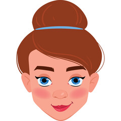 Close up portrait of a woman with brown hair in a bun and blue eyes blushing with rosy cheeks wearing a light blue hair tie against a white background studio lighting