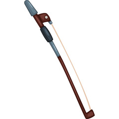 Close up pixel art of a stylized musical instrument bow with brown and blue accents and a light string on a transparent background