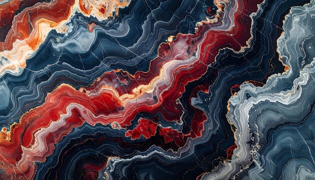Abstract colorful stone texture with layers of red, blue, and white patterns