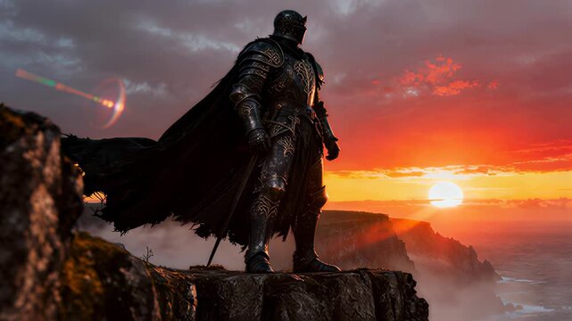 Knight in detailed armor standing on rocky cliff overlooking ocean at sunset with flowing cape and dramatic sky