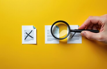 Hand inspects documents with magnifying glass on yellow table. Papers show text, one X mark. Image conveys checking, analysis, quality control, verification, finding errors, approval process,
