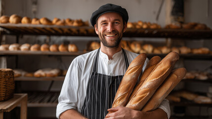 Baker proudly presents fresh artisan bread in a warm bakery setting