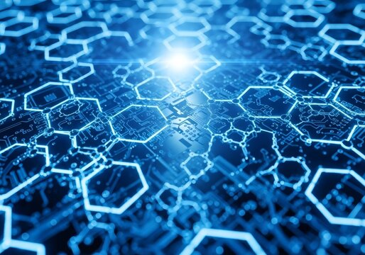 Dynamic digital network with glowing blue hexagons representing advanced technological infrastructure, data exchange, and innovative connectivity in a future-oriented system - Powered by Adobe