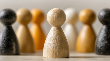 Wooden game pieces arranged in a circle with a light-colored piece in focus symbolizing leadership and teamwork concepts in natural tones