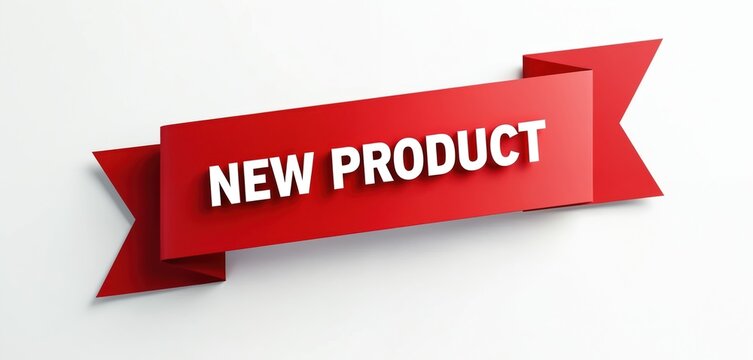 Red ribbon banner proclaims new product launch. A bold announcement for marketing or business promotions. Use for retail, tech, or fashion updates. Simple graphic for sales events. Clean design. - Powered by Adobe