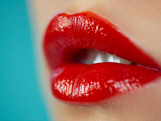 Shiny vibrant red lips slightly parted against a teal background showcasing smooth skin texture and glossy lipstick application for beauty concept