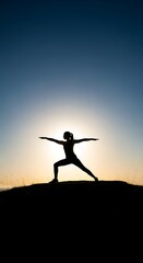 Woman Silhouette Doing Warrior Yoga Pose at Sunrise