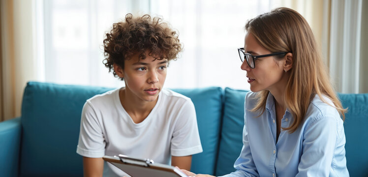 Female therapist consults with teenage boy about his mental health issues. They sit on couch discussing his feelings and treatment plan for adolescent problems. Pro help for youth stress and anxiety.
