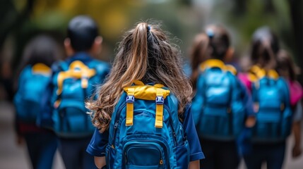 Young students with blue uniforms and backpacks walking together, beginning a new school year