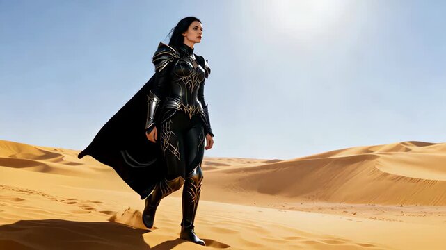 Woman in elaborate costume walking confidently through desert dunes during bright daylight with flowing black cape and armor details