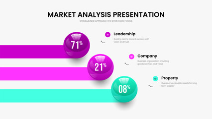 Enterprise Analysis Three Step Graph Slide Template. Professional Campaign Frame Layout Vector Illustration. Digital Forecast 3 Element Infographic Presentation Design.