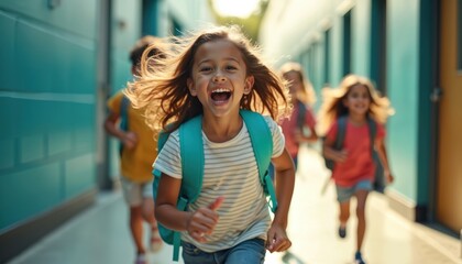 Joyful little girl runs school hallway with friends. Pupils wearing backpacks happily hurry at school. Children smile having fun together study at the elementary school with classmates.