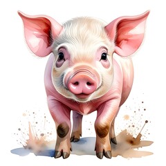 A charming watercolor portrait of a cute, pink piglet facing forward