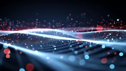 Abstract digital waves with vibrant particles flowing in a dark background, creating a dynamic visual effect